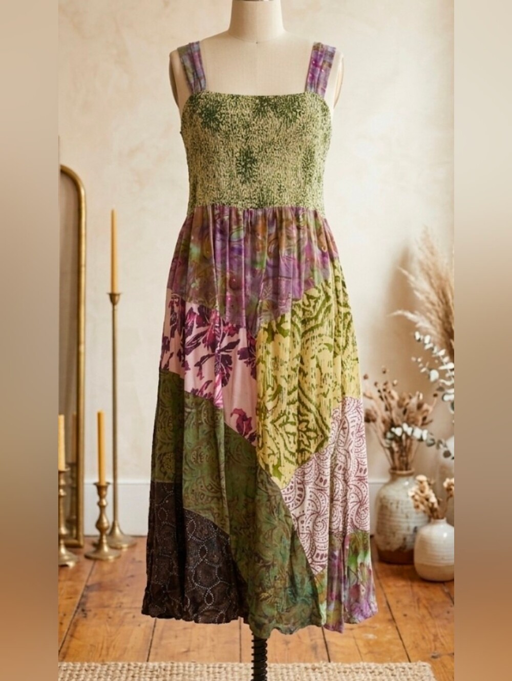 Santiki Boho Patchwork Maxi Dress Smocked Bodice Indonesian Batik Print Large